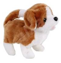 Pes plyšový bílo-hnědý se zvukem, chodící