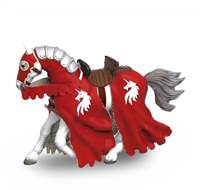 Kůň červený pro rytírě s kopím červený štít s jednorožcem